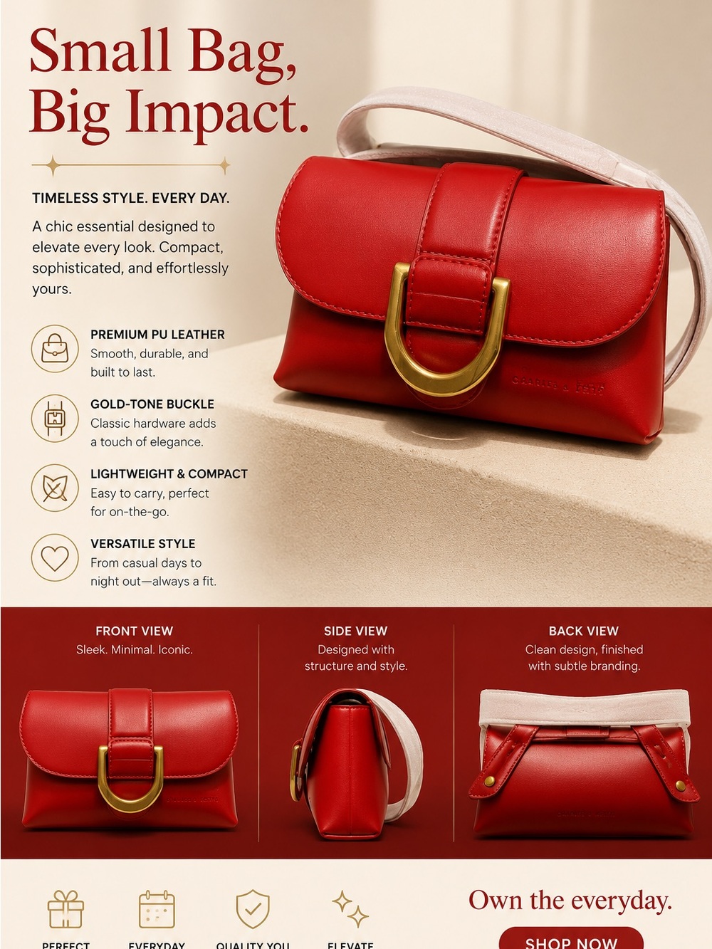 Charles & Keith Red Mini Crossbody with Gold Buckle